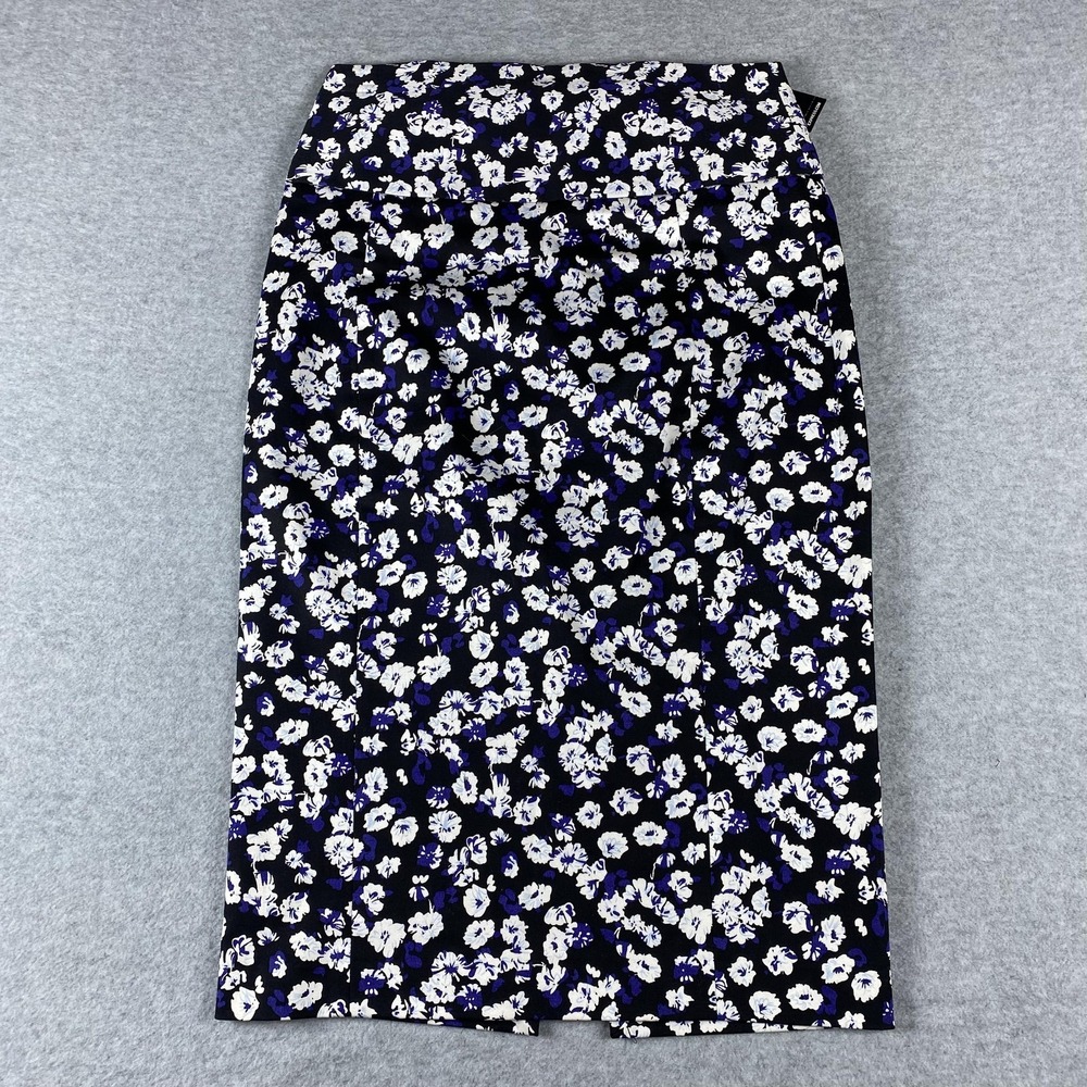 Express Skirt Womens 00 Black Blue Floral Pencil‎ Midi Lined Work Office